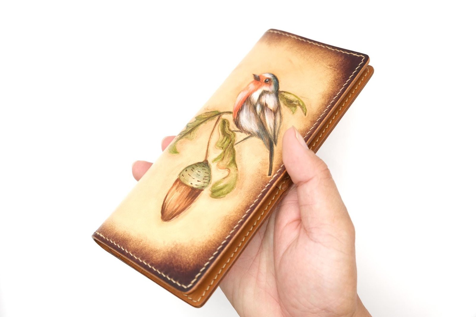 Hand-Tooled Leather Long Wallet – Robin and Acorn Design | Nature-Inspired Leather Bifold for Women or Men - Image 7