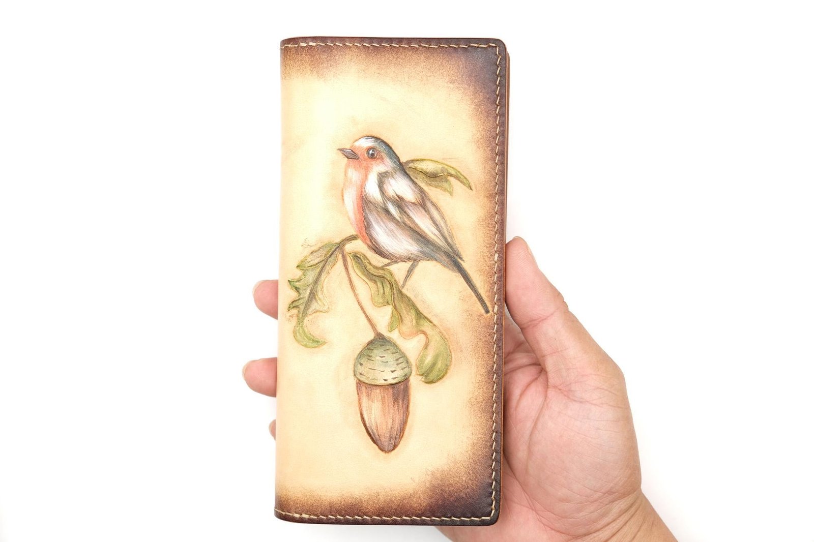 Hand-Tooled Leather Long Wallet – Robin and Acorn Design | Nature-Inspired Leather Bifold for Women or Men - Image 6