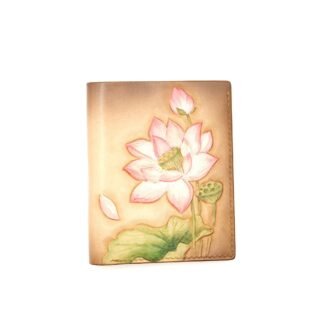 Tall Bifold Leather Wallet with Hand-Carved Lotus Flower – Floral Leather Wallet – Handmade Women’s Wallet