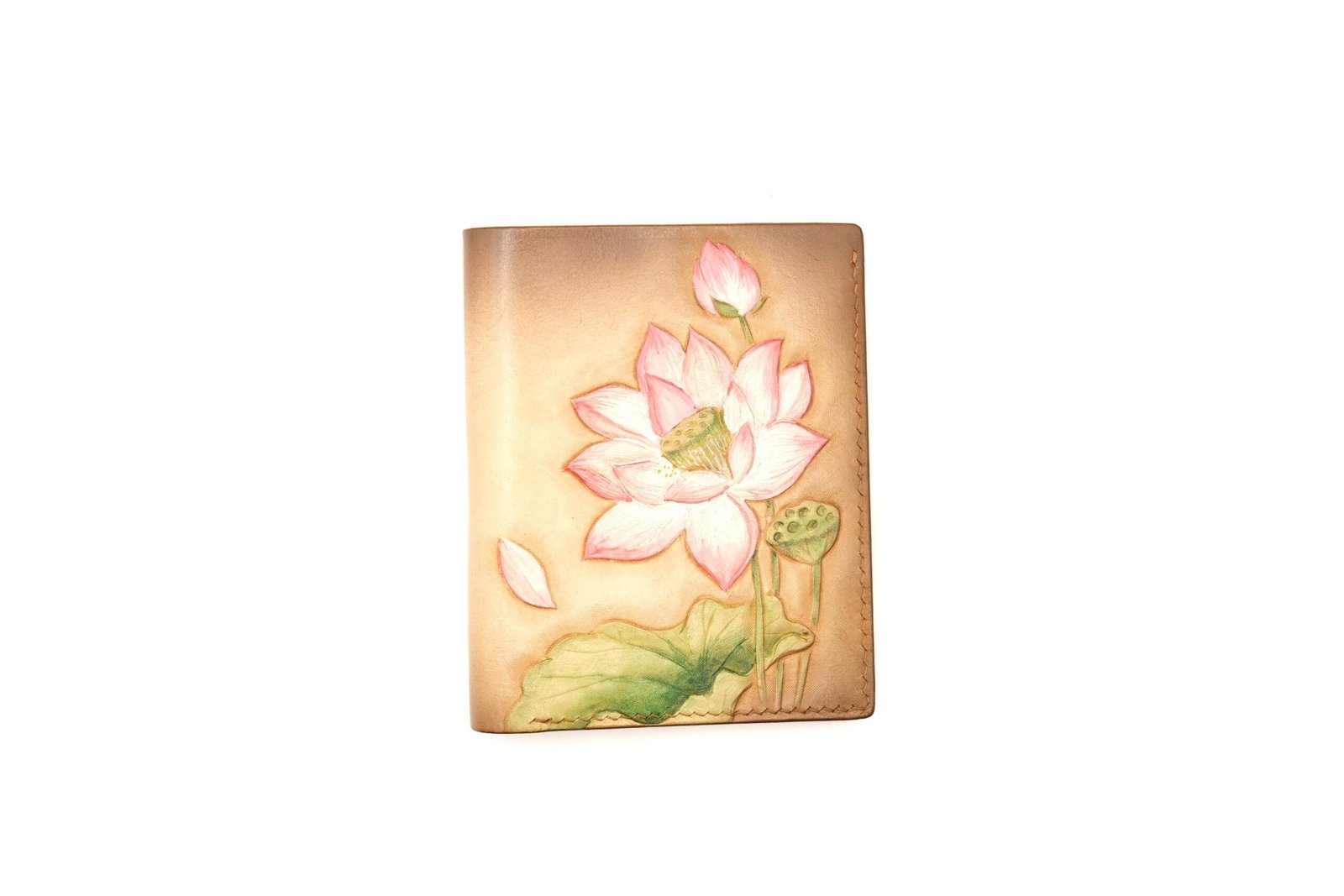 Tall Bifold Leather Wallet with Hand-Carved Lotus Flower – Floral Leather Wallet – Handmade Women’s Wallet