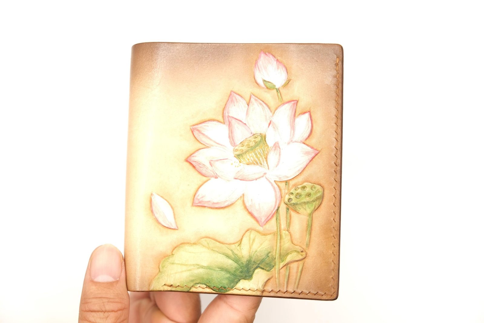 Tall Bifold Leather Wallet with Hand-Carved Lotus Flower – Floral Leather Wallet – Handmade Women’s Wallet - Image 2