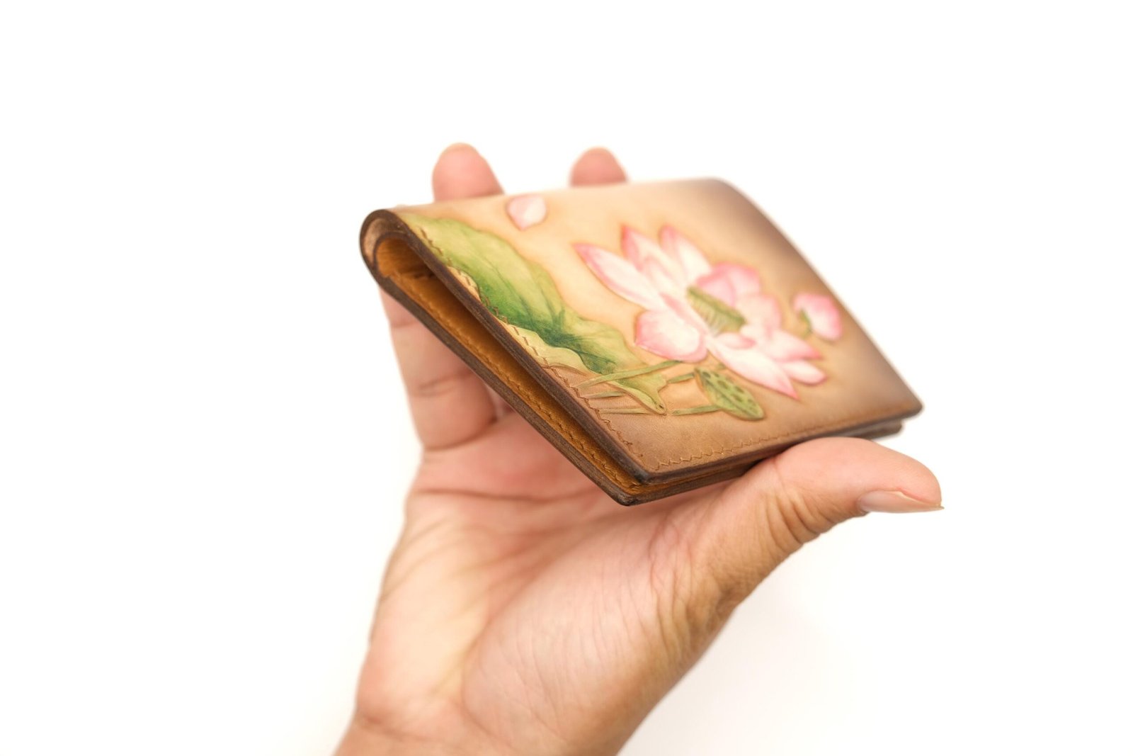 Tall Bifold Leather Wallet with Hand-Carved Lotus Flower – Floral Leather Wallet – Handmade Women’s Wallet - Image 7