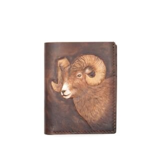 Tall Bifold Leather Wallet with Hand-Carved Ram – Rugged Wildlife Gift – Rustic Men's Wallet