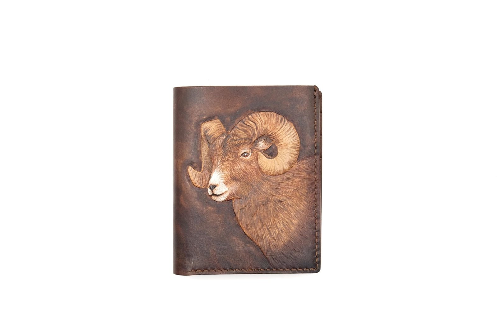 Tall Bifold Leather Wallet with Hand-Carved Ram – Rugged Wildlife Gift – Rustic Men's Wallet