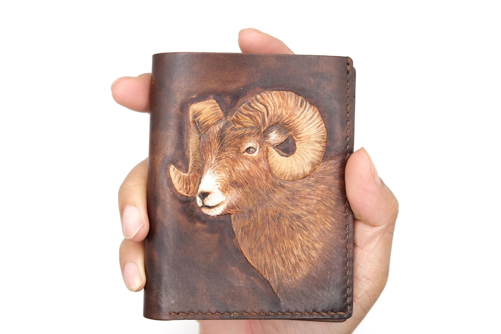 Tall Bifold Leather Wallet with Hand-Carved Ram – Rugged Wildlife Gift – Rustic Men's Wallet - Image 8