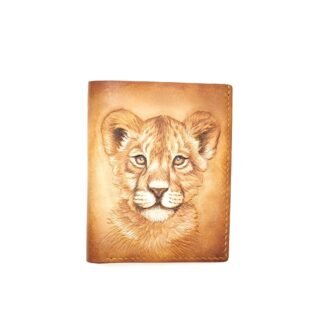 Tall Bifold Leather Wallet with Lion Cub – Hand-Carved Animal Wallet – Cute Lion Gift – Handmade Men’s Bifold Wallet