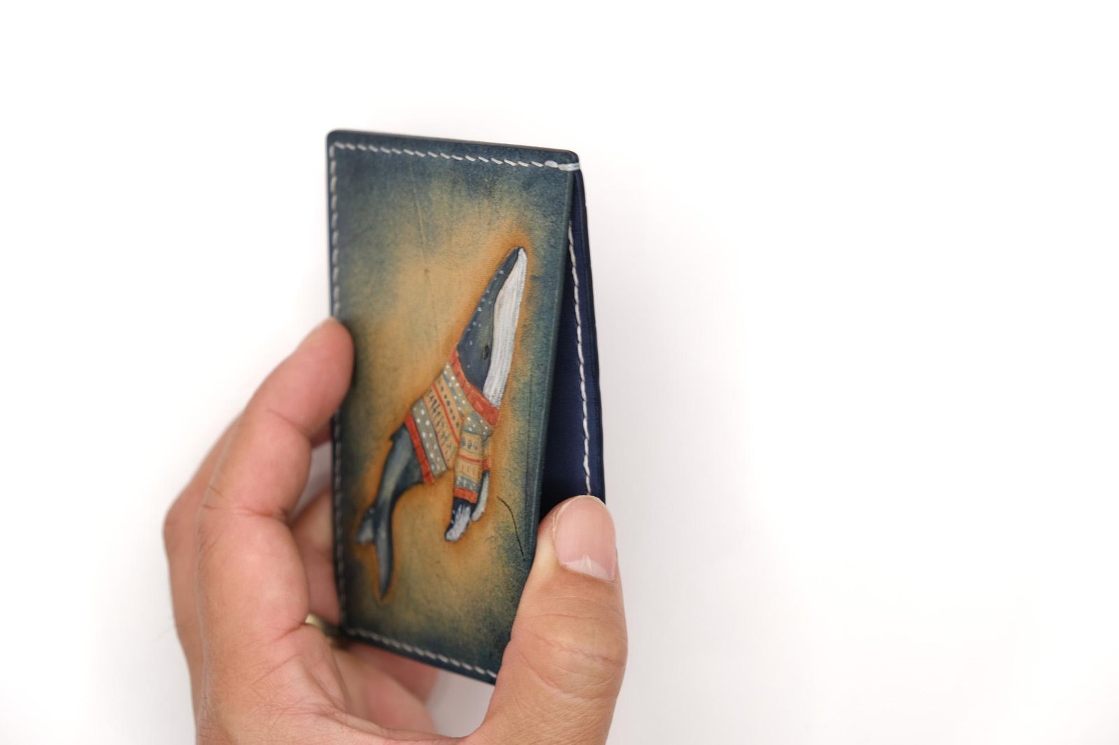Leather Card Holder with Hand-Carved Whale in Sweater – Whale Wallet – Ocean Lover Gift – Minimalist Wallet - Image 7