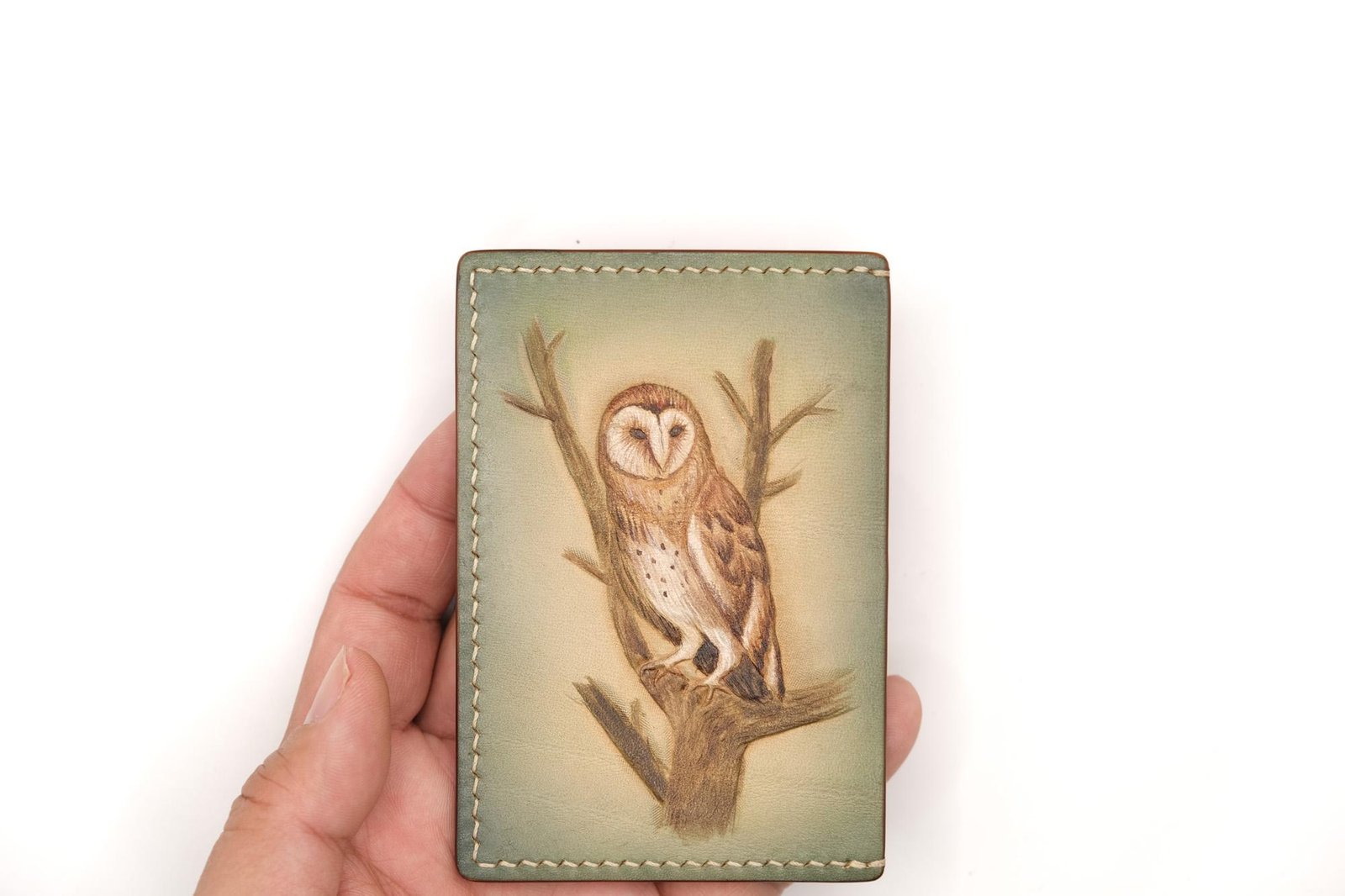 Hand-Carved Leather Card Holder with Barn Owl – Woodland Slim Wallet - Image 7