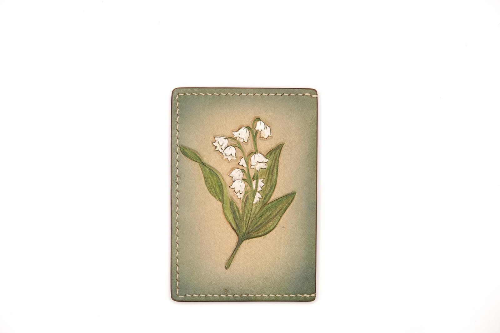 Hand-Carved Leather Card Holder with Lily of the Valley – Hand-Painted Floral Leather Card Case – Best Gift for Her