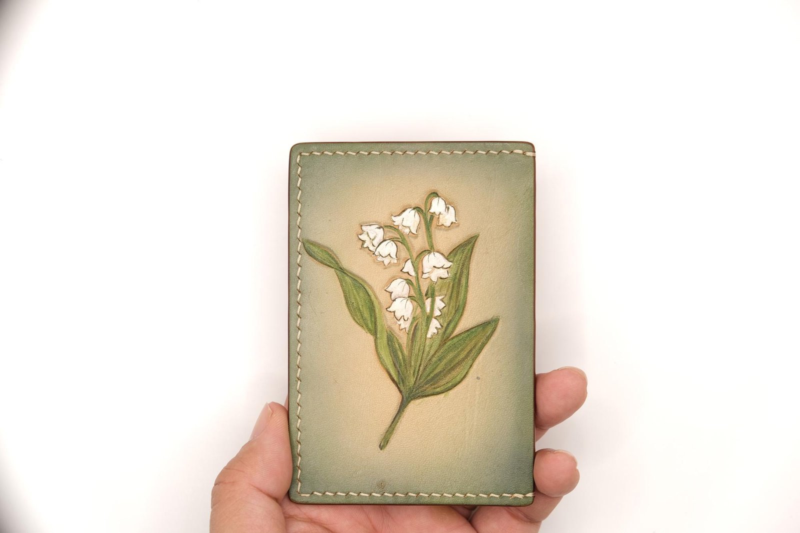 Hand-Carved Leather Card Holder with Lily of the Valley – Hand-Painted Floral Leather Card Case – Best Gift for Her - Image 5