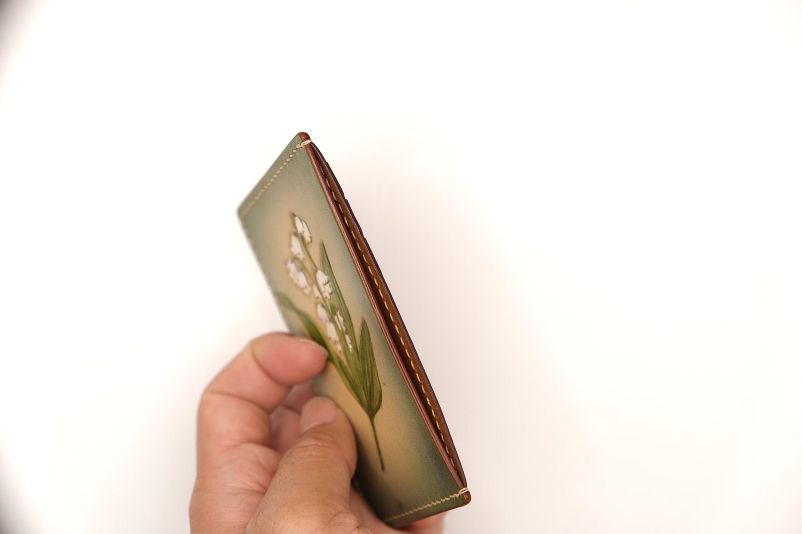 Hand-Carved Leather Card Holder with Lily of the Valley – Hand-Painted Floral Leather Card Case – Best Gift for Her - Image 8