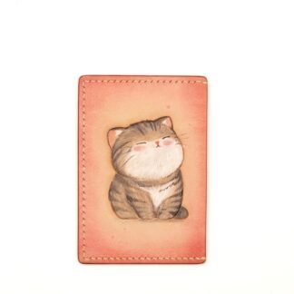 Hand-Carved Leather Card Holder with Smiling Tabby Cat – Cute Cat Slim Wallet – Gift for Cat Lovers