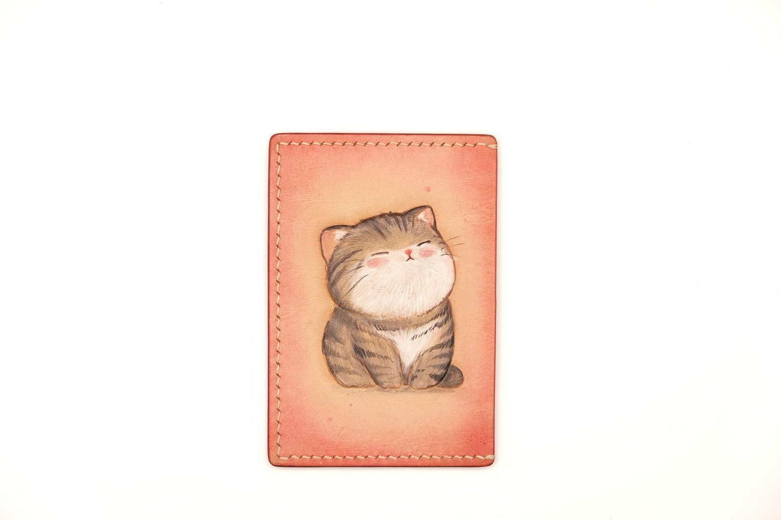 Hand-Carved Leather Card Holder with Smiling Tabby Cat – Cute Cat Slim Wallet – Gift for Cat Lovers