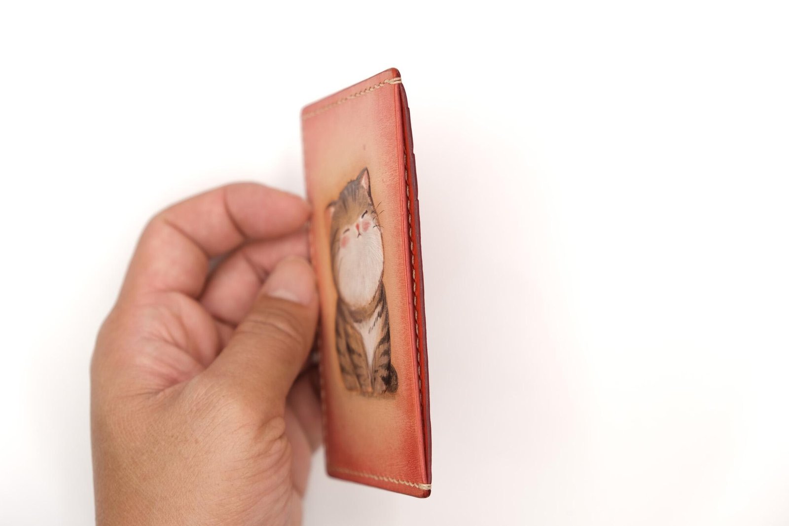 Hand-Carved Leather Card Holder with Smiling Tabby Cat – Cute Cat Slim Wallet – Gift for Cat Lovers - Image 10