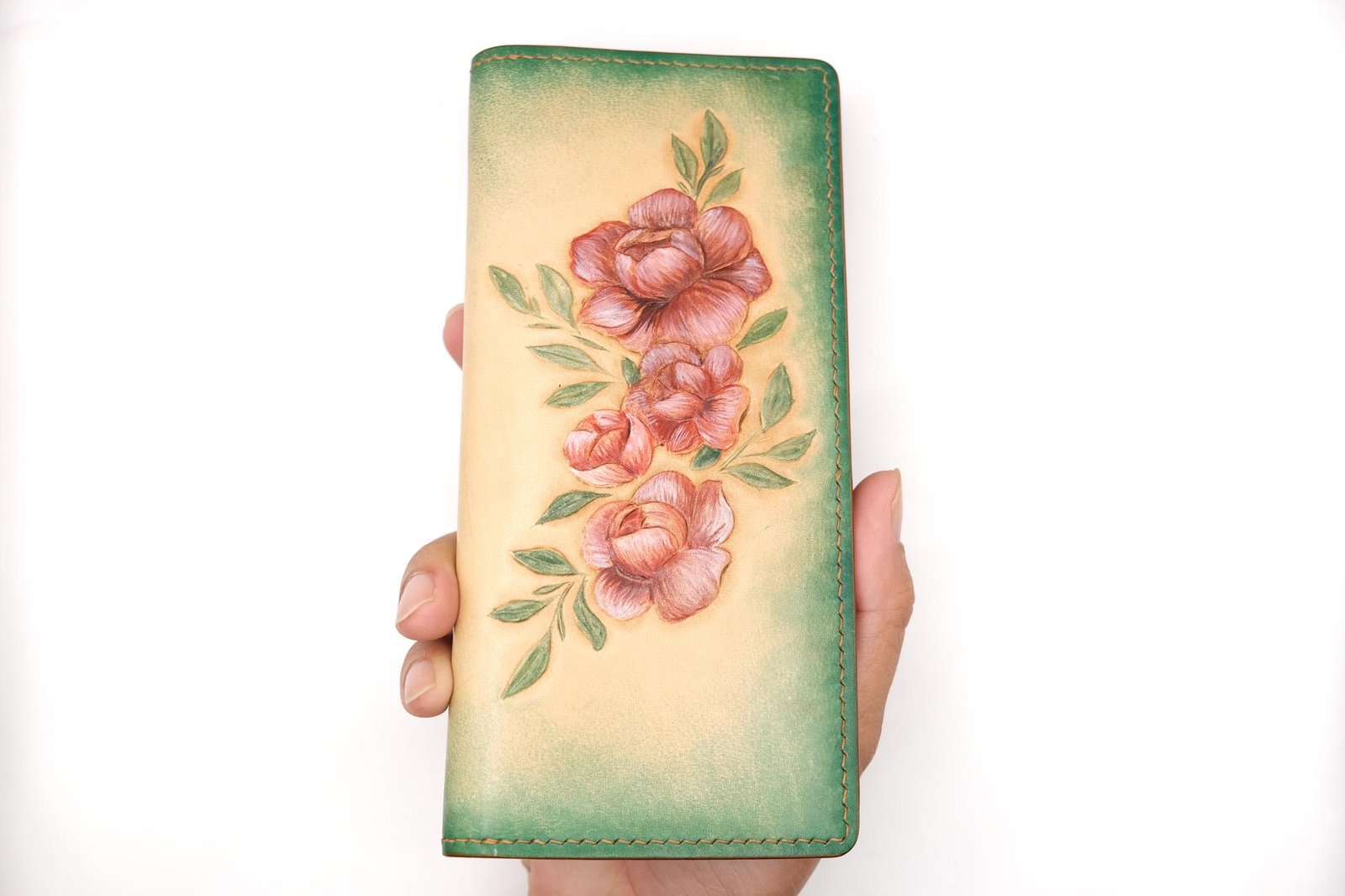 Hand-Carved Leather Long Wallet with Blossoms – Botanical Leather Clutch – Handmade Nature-Inspired Gift - Image 3