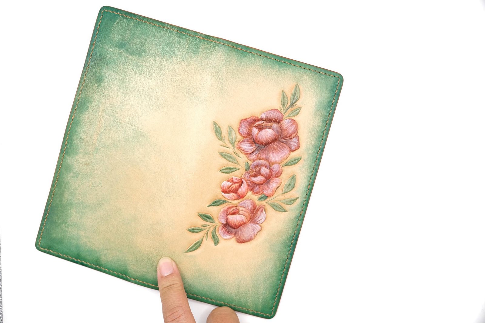 Hand-Carved Leather Long Wallet with Blossoms – Botanical Leather Clutch – Handmade Nature-Inspired Gift - Image 6