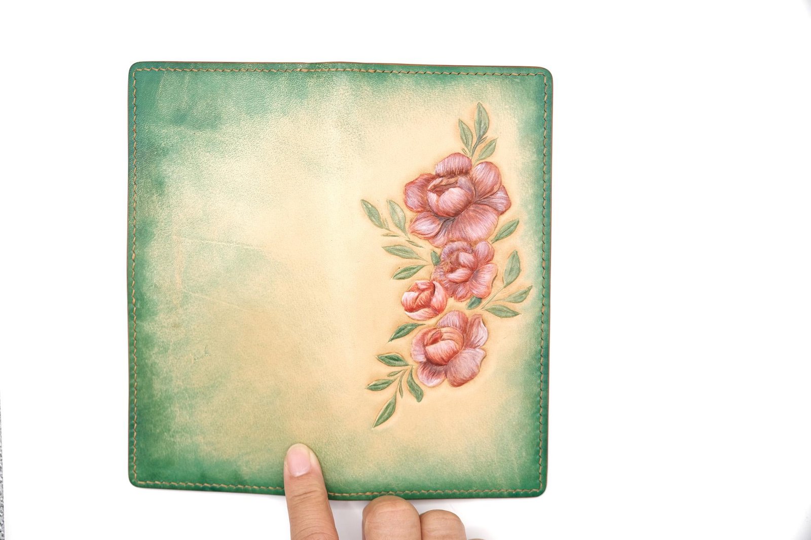 Hand-Carved Leather Long Wallet with Blossoms – Botanical Leather Clutch – Handmade Nature-Inspired Gift - Image 7