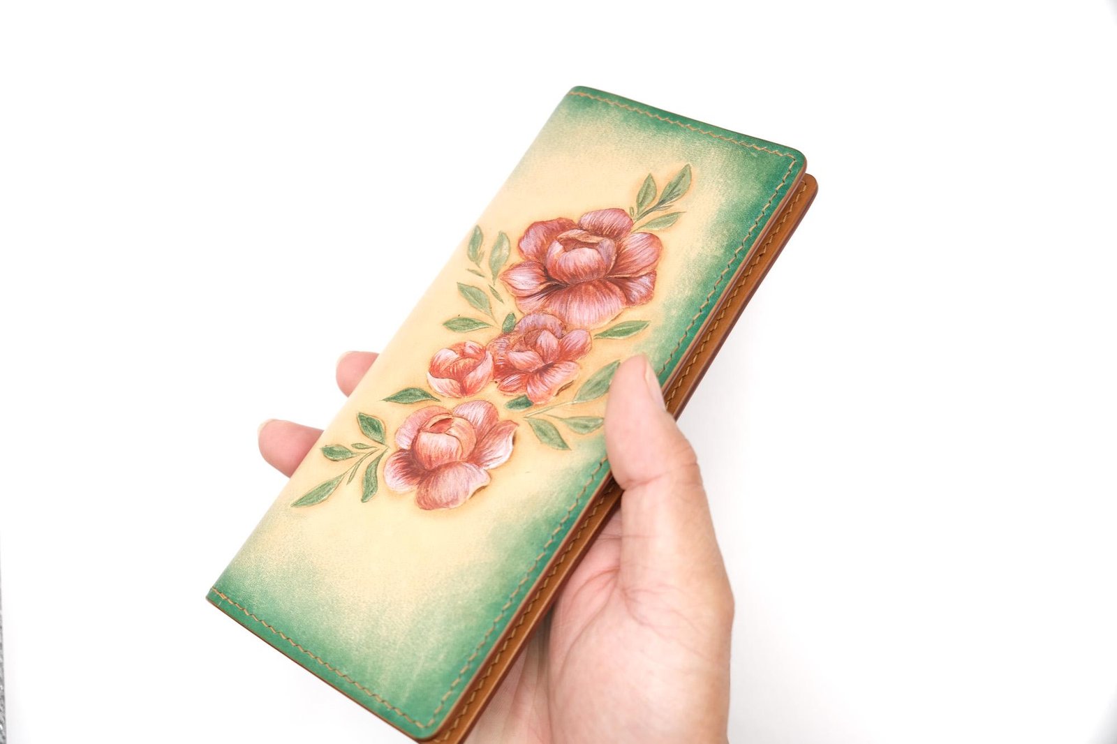Hand-Carved Leather Long Wallet with Blossoms – Botanical Leather Clutch – Handmade Nature-Inspired Gift - Image 9
