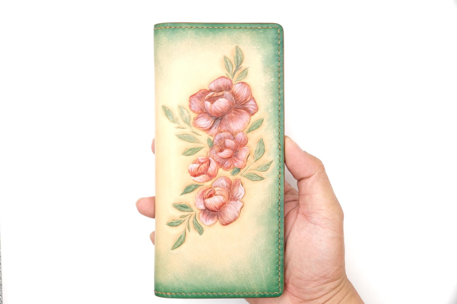 Hand-Carved Leather Long Wallet with Blossoms – Botanical Leather Clutch – Handmade Nature-Inspired Gift - Image 8