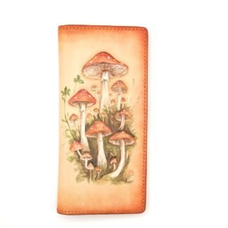 Hand-Carved Leather Long Wallet with Mushrooms – Forest-Inspired Leather Clutch – Botanical Fungi Wallet