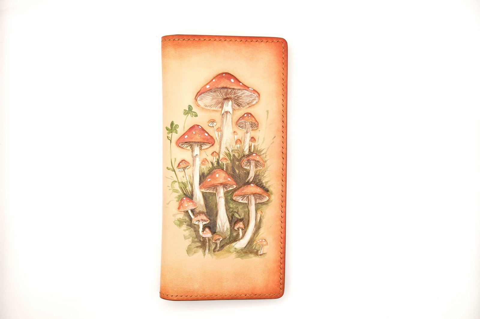 Hand-Carved Leather Long Wallet with Mushrooms – Forest-Inspired Leather Clutch – Botanical Fungi Wallet