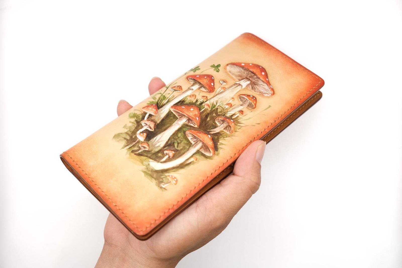 Hand-Carved Leather Long Wallet with Mushrooms – Forest-Inspired Leather Clutch – Botanical Fungi Wallet - Image 5