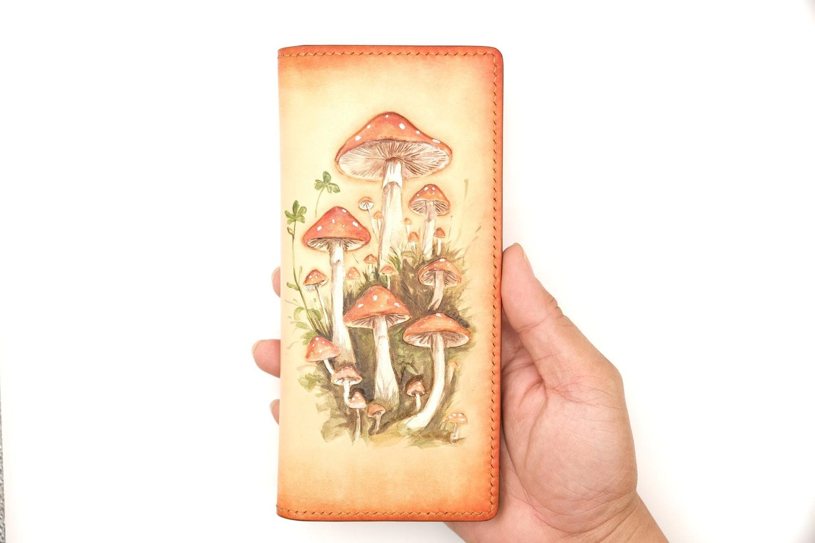 Hand-Carved Leather Long Wallet with Mushrooms – Forest-Inspired Leather Clutch – Botanical Fungi Wallet - Image 4