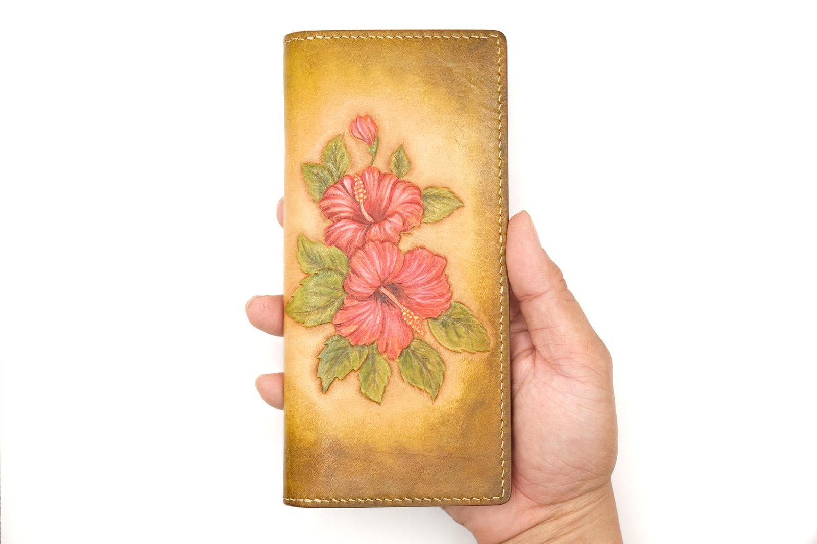 Hand-Tooled Leather Long Wallet – Red Hibiscus Design | Hawaiian Floral Wallet | Handmade Leather Gift for Her - Image 6