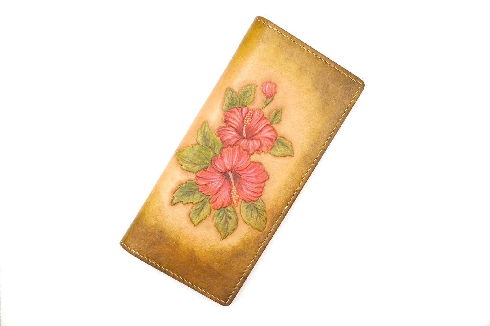 Hand-Tooled Leather Long Wallet – Red Hibiscus Design | Hawaiian Floral Wallet | Handmade Leather Gift for Her - Image 2
