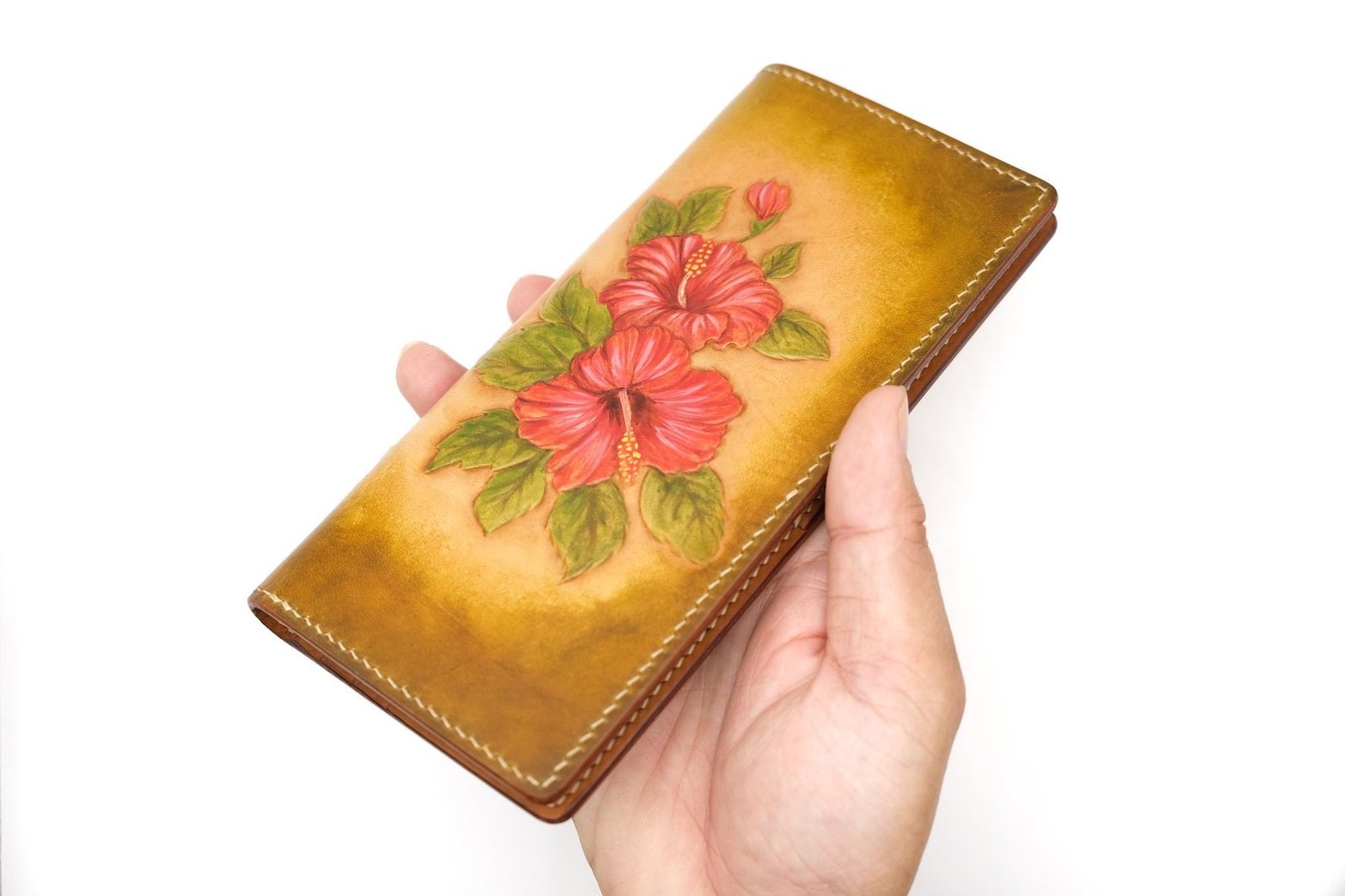 Hand-Tooled Leather Long Wallet – Red Hibiscus Design | Hawaiian Floral Wallet | Handmade Leather Gift for Her - Image 7