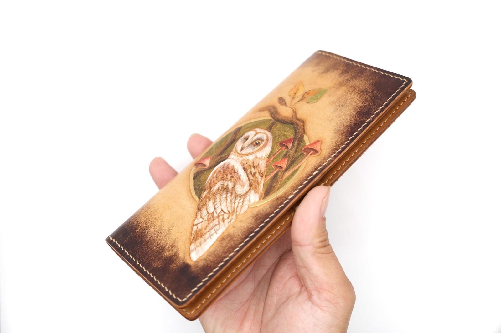Hand-Tooled Leather Long Wallet – Barn Owl & Mushroom Design | Unique Handmade Gift for Nature Lovers - Image 6