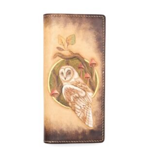 Hand-Tooled Leather Long Wallet – Barn Owl & Mushroom Design | Unique Handmade Gift for Nature Lovers