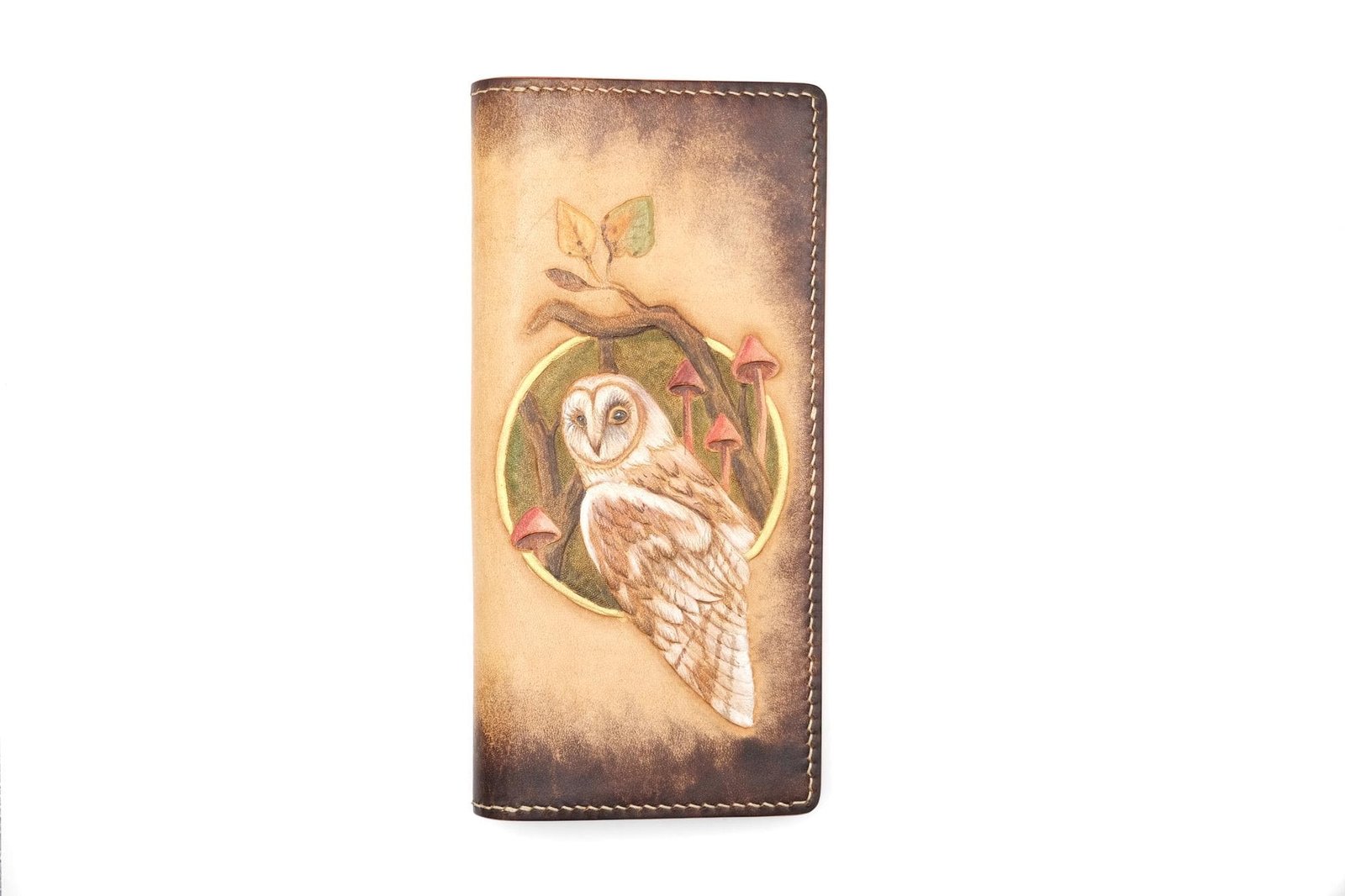 Hand-Tooled Leather Long Wallet – Barn Owl & Mushroom Design | Unique Handmade Gift for Nature Lovers