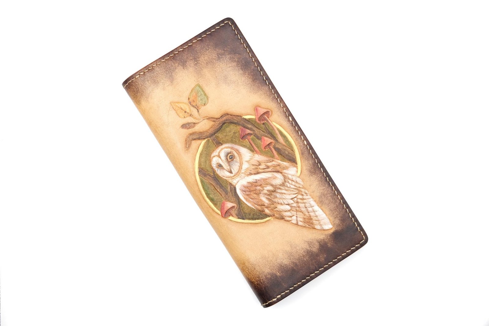 Hand-Tooled Leather Long Wallet – Barn Owl & Mushroom Design | Unique Handmade Gift for Nature Lovers - Image 3