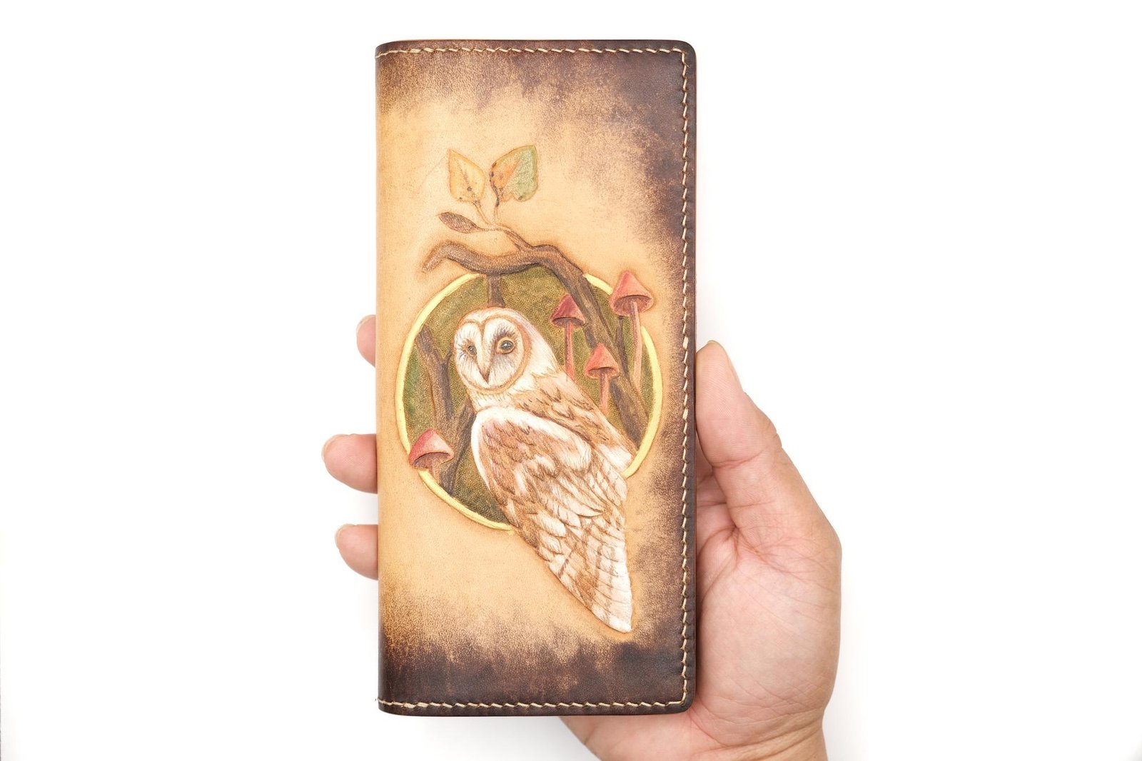 Hand-Tooled Leather Long Wallet – Barn Owl & Mushroom Design | Unique Handmade Gift for Nature Lovers - Image 7