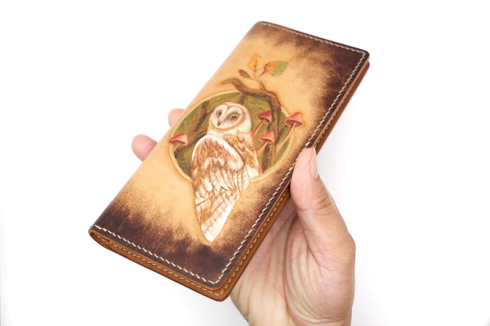 Hand-Tooled Leather Long Wallet – Barn Owl & Mushroom Design | Unique Handmade Gift for Nature Lovers - Image 8