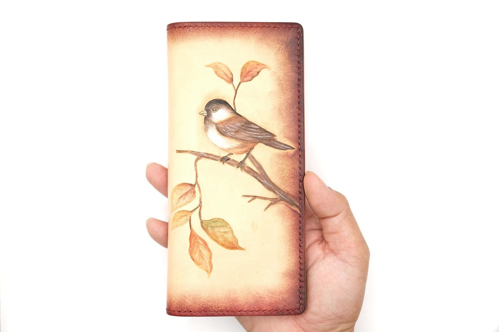 Hand-Tooled Leather Long Wallet – Chickadee Bird Lover Gift Handmade Leather Wallet - Image 7