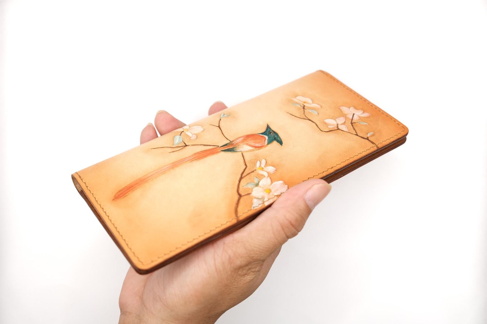 Hand-Tooled Leather Long Wallet with Bird and Blossoms – Handmade Leather Wallet with Long-Tailed Bird - Image 6
