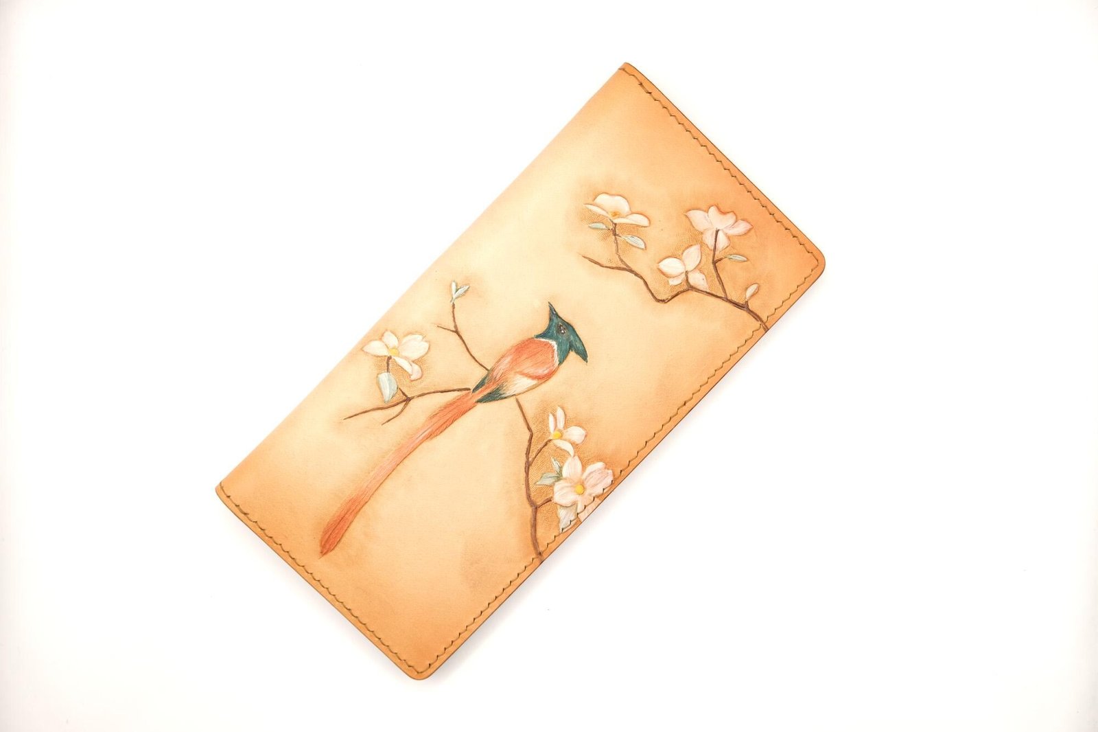 Hand-Tooled Leather Long Wallet with Bird and Blossoms – Handmade Leather Wallet with Long-Tailed Bird - Image 2