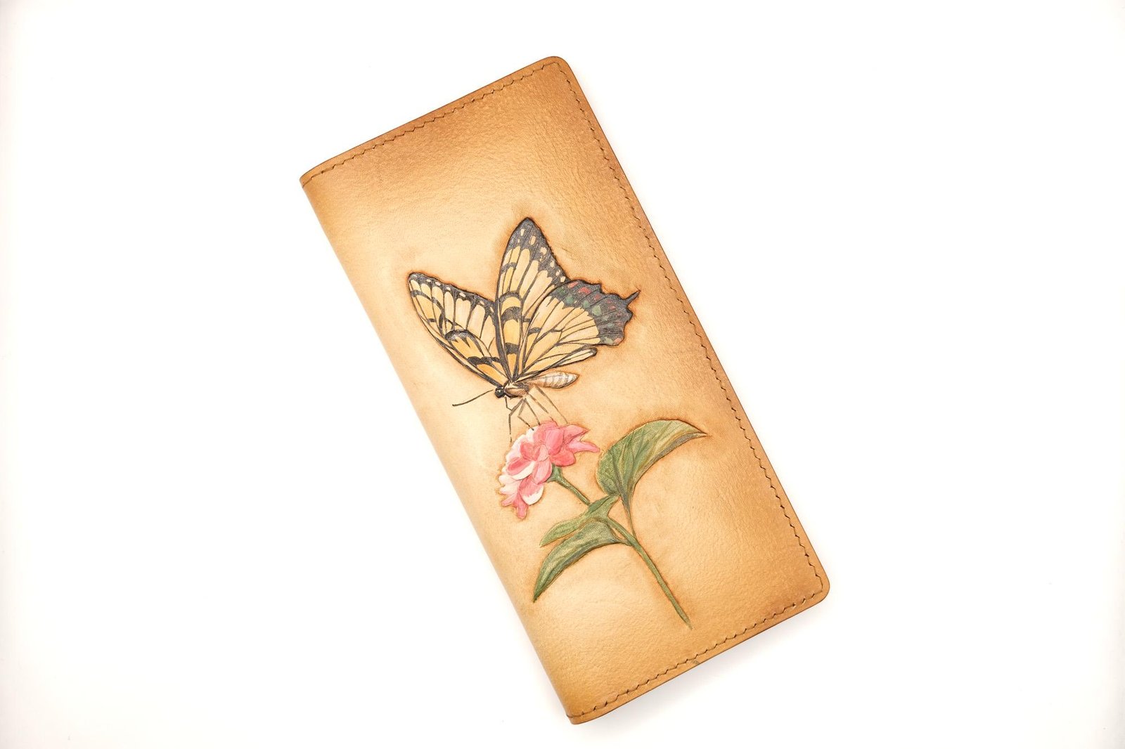Hand-Tooled – Handmade Leather Long Wallet with Butterfly and Camellia – Nature-Inspired Butterfly Wallet - Image 3