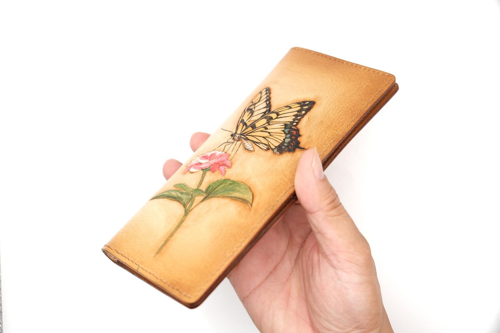 Hand-Tooled – Handmade Leather Long Wallet with Butterfly and Camellia – Nature-Inspired Butterfly Wallet - Image 5