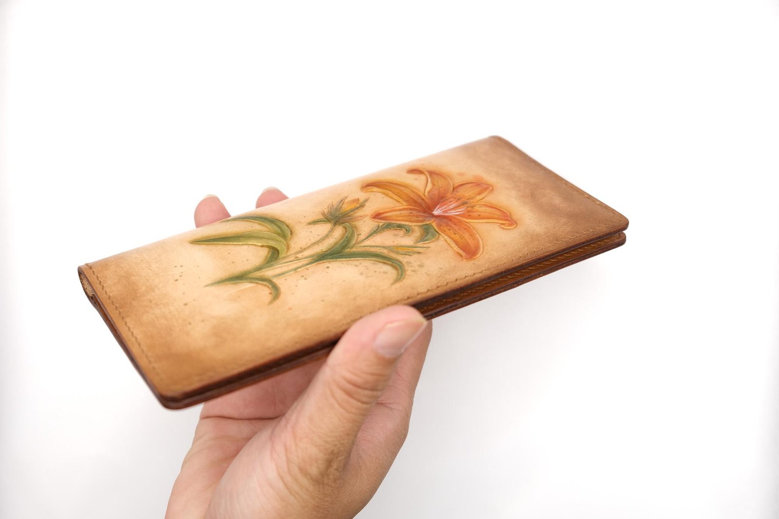 Hand-Tooled Leather Long Wallet with Orange Lily – Botanical Leather Clutch – Handmade Nature Gift for Her - Image 9