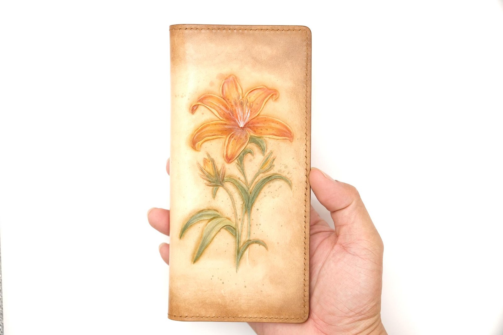 Hand-Tooled Leather Long Wallet with Orange Lily – Botanical Leather Clutch – Handmade Nature Gift for Her - Image 7