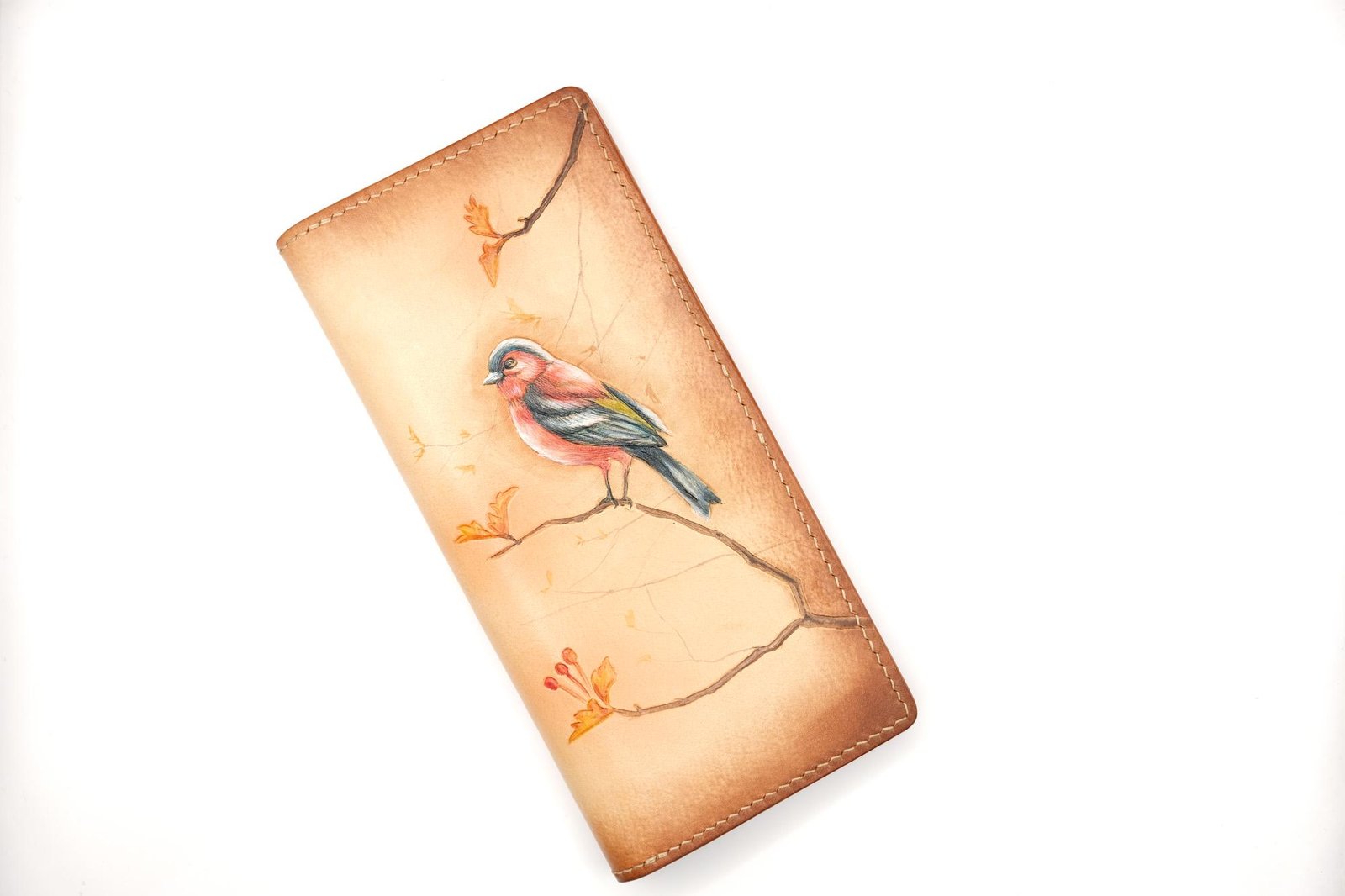 Hand-Tooled Leather Long Wallet with Bullfinch – Songbird – Hand-Carved Bird Wallet - Image 3