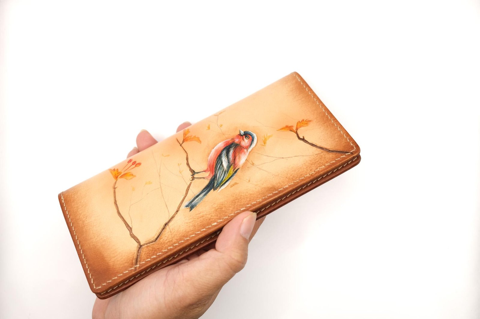 Hand-Tooled Leather Long Wallet with Bullfinch – Songbird – Hand-Carved Bird Wallet - Image 6