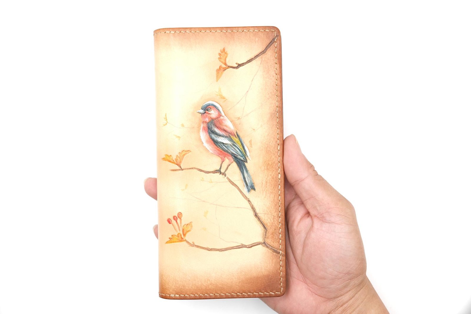 Hand-Tooled Leather Long Wallet with Bullfinch – Songbird – Hand-Carved Bird Wallet - Image 8