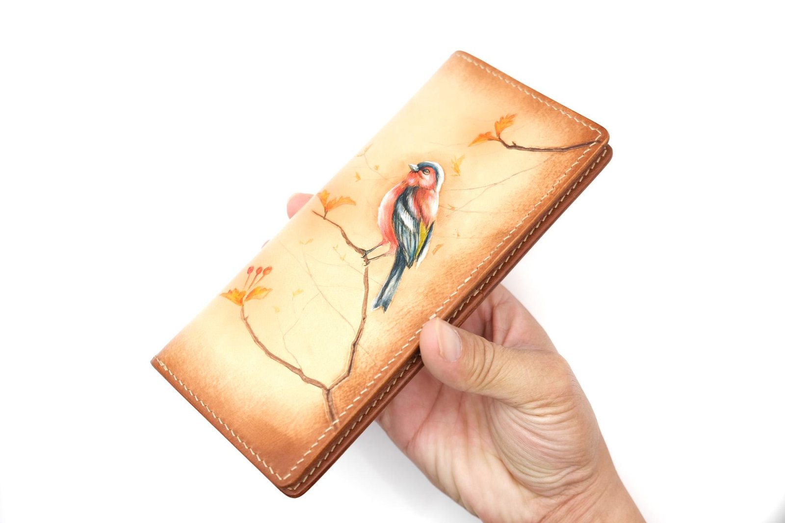 Hand-Tooled Leather Long Wallet with Bullfinch – Songbird – Hand-Carved Bird Wallet - Image 9