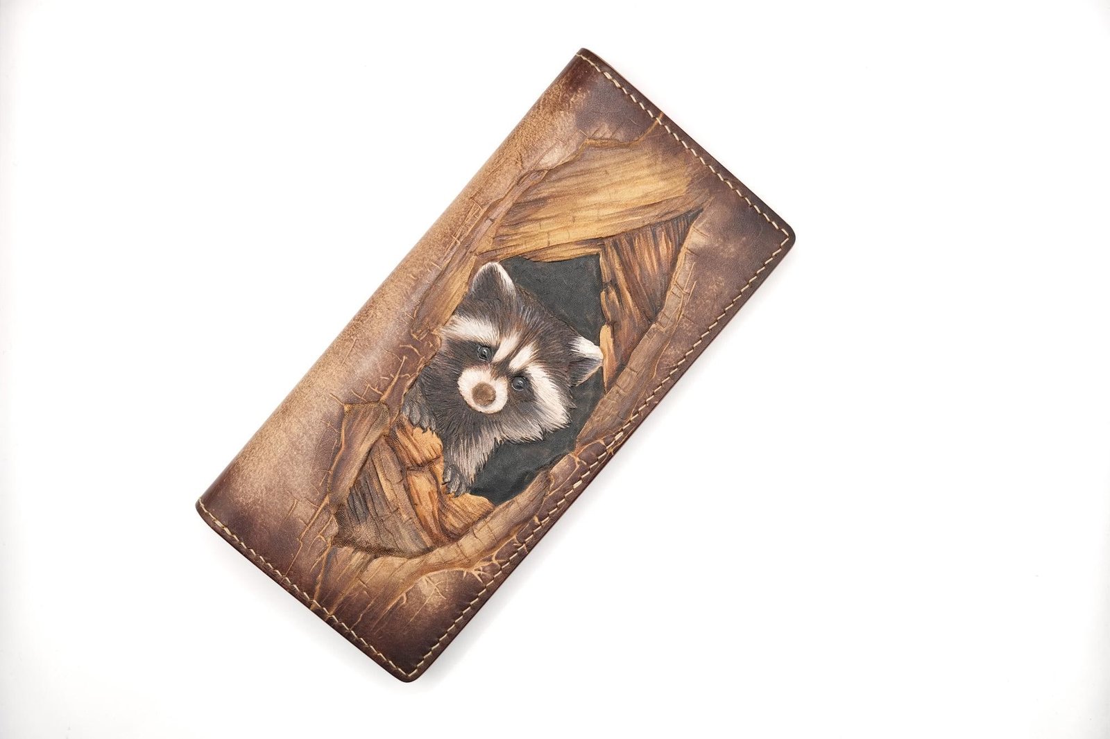 Hand-Tooled Leather Long Wallet – Raccoon Peeking Through Wood Design - Image 2