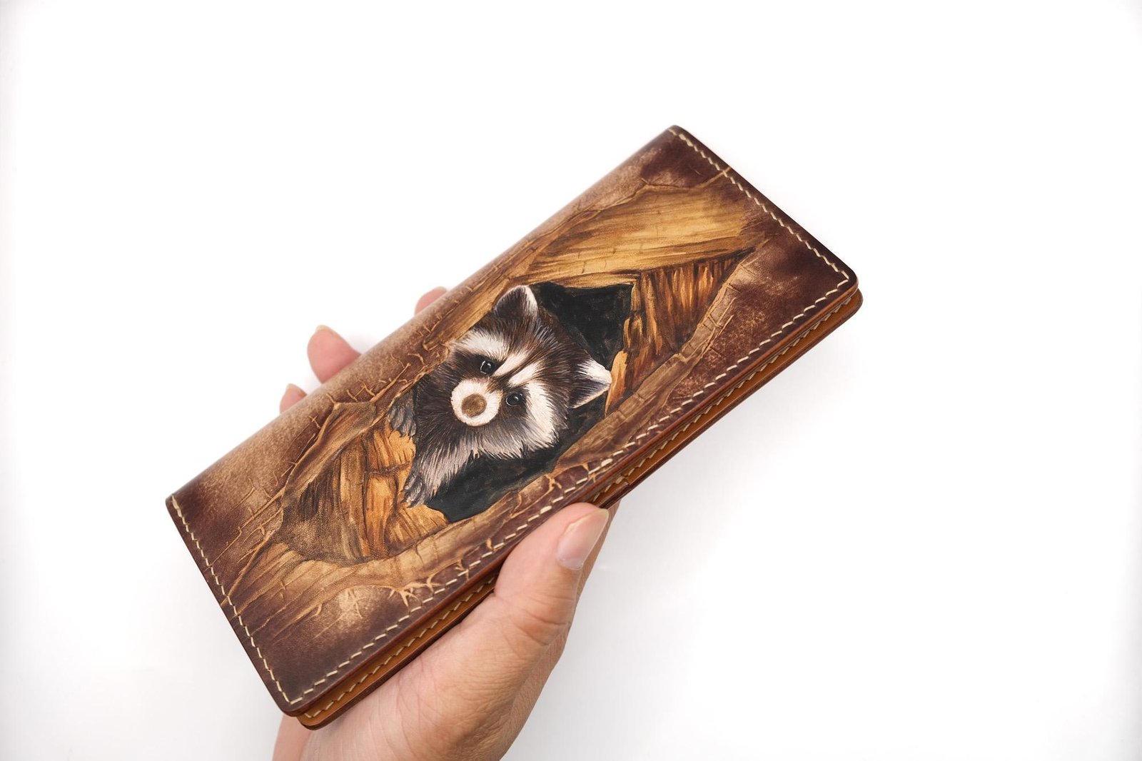 Hand-Tooled Leather Long Wallet – Raccoon Peeking Through Wood Design - Image 6