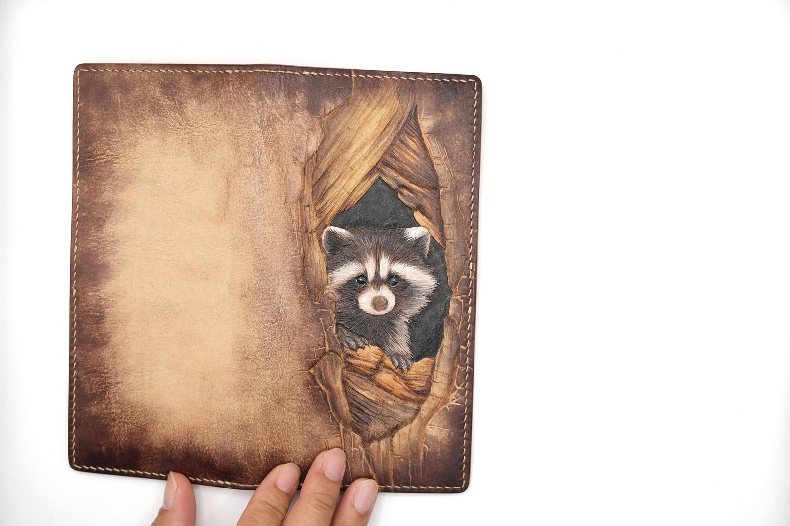 Hand-Tooled Leather Long Wallet – Raccoon Peeking Through Wood Design - Image 5